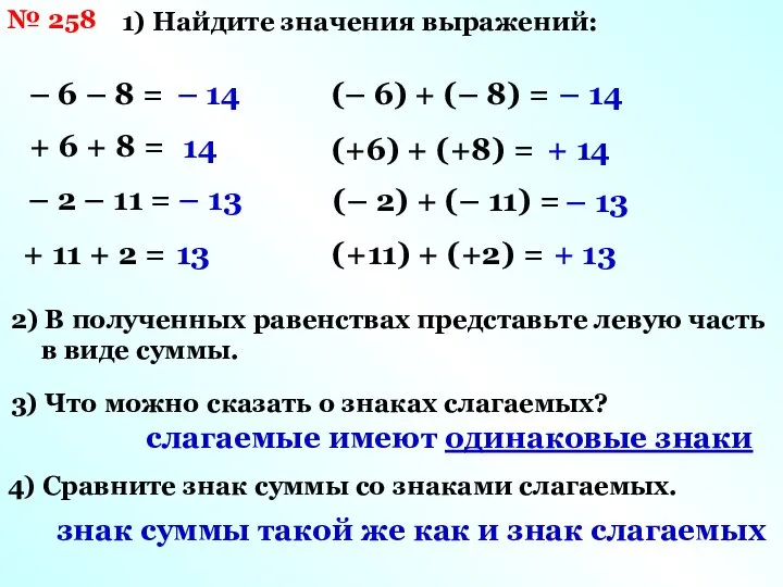 № 258 1) Найдите значения выражений: – 6 – 8 =