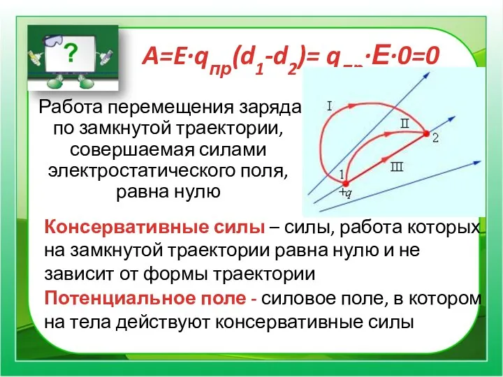 Работа перемещения заряда по замкнутой траектории, совершаемая силами электростатического поля, равна