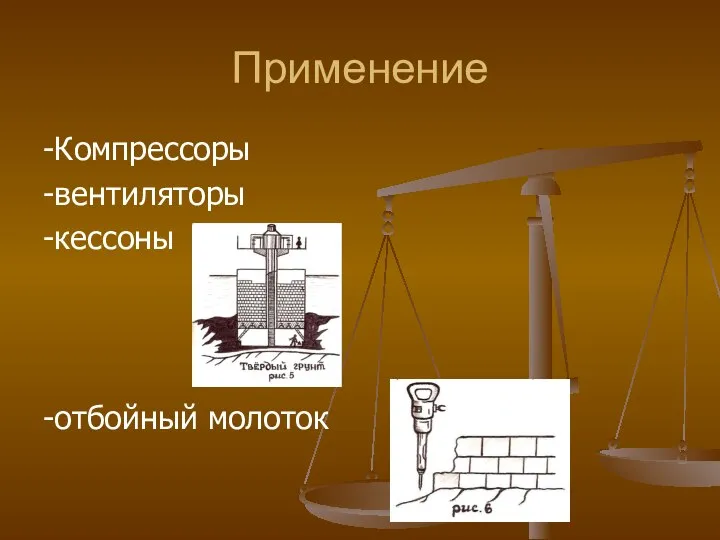 Применение -Компрессоры -вентиляторы -кессоны -отбойный молоток