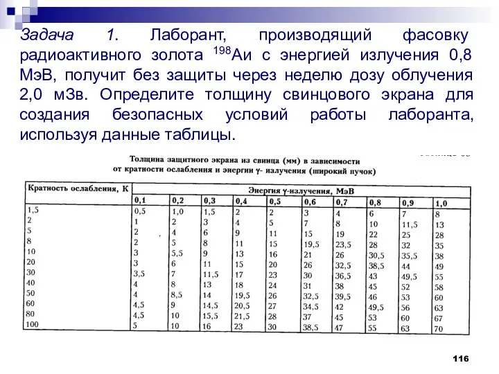 Задача 1. Лаборант, производящий фасовку радиоактивного золота 198Аи с энергией излучения