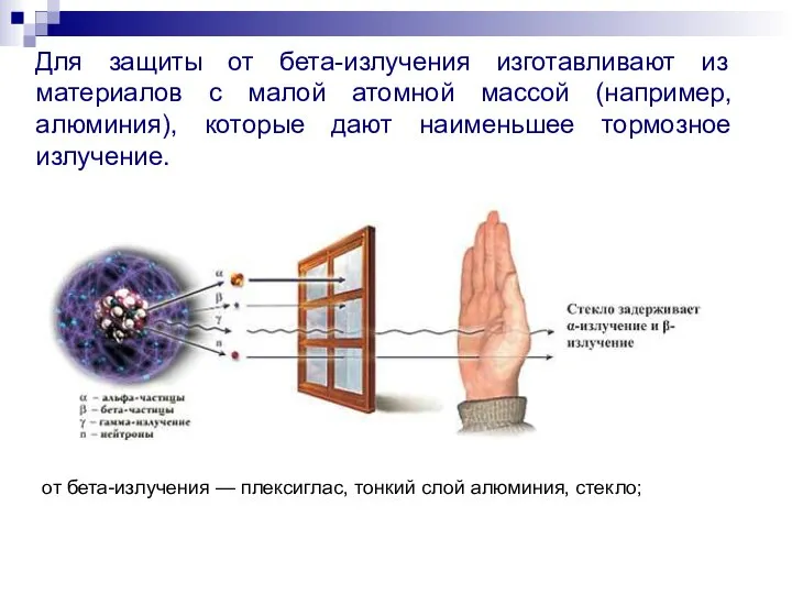 Для защиты от бета-излучения изготавливают из материалов с малой атомной массой