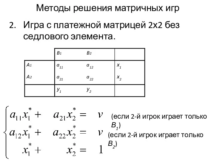 Методы решения матричных игр Игра с платежной матрицей 2х2 без седлового