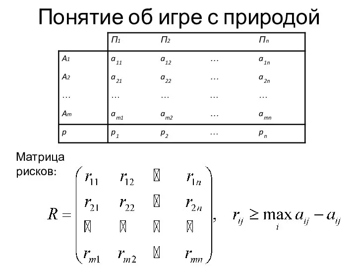 Понятие об игре с природой Матрица рисков: