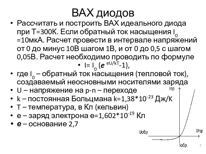 ВАХ диодов Рассчитать и построить ВАХ идеального диода при Т=300К. Если