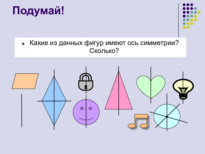 Подумай! Какие из данных фигур имеют ось симметрии? Сколько?