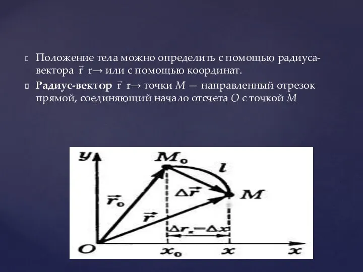 Положение тела можно определить с помощью радиуса-вектора r⃗ r→ или с