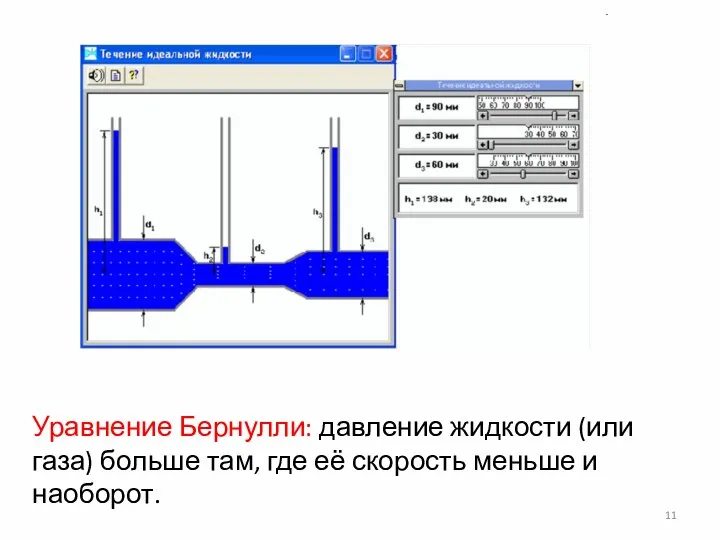 Уравнение Бернулли: давление жидкости (или газа) больше там, где её скорость меньше и наоборот.