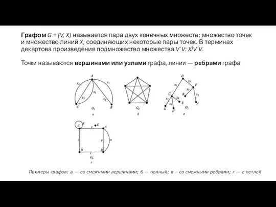 Графом G = (V, X) называется пара двух конечных множеств: множество