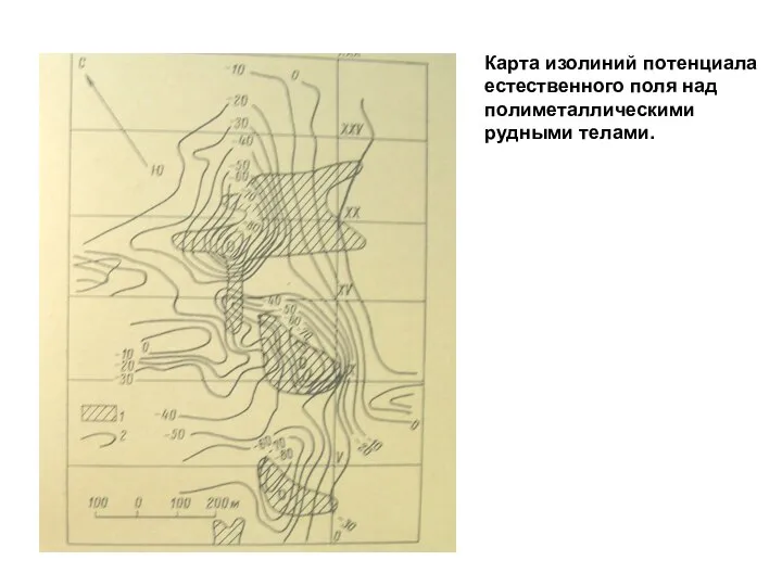 Карта изолиний потенциала естественного поля над полиметаллическими рудными телами.