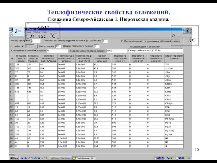 Теплофизические свойства отложений. Скважина Северо-Айсазская 1. Нюрольская впадина. λ=