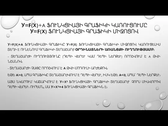 У=F(X)+A ՖՈՒՆԿՑԻԱՅԻ ԳՐԱՖԻԿԻ ԿԱՌՈՒՑՈՒՄԸ У=F(X) ՖՈՒՆԿՑԻԱՅԻ ԳՐԱՖԻԿԻ ՄԻՋՈՑՈՎ У=F(X)+A ՖՈՒՆԿՑԻԱՅԻ ԳՐԱՖԻԿԸ