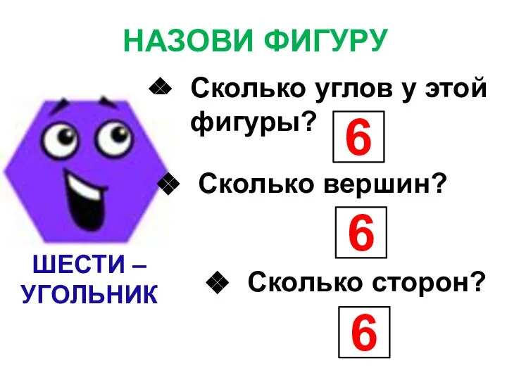 НАЗОВИ ФИГУРУ ШЕСТИ – УГОЛЬНИК Сколько углов у этой фигуры? 6