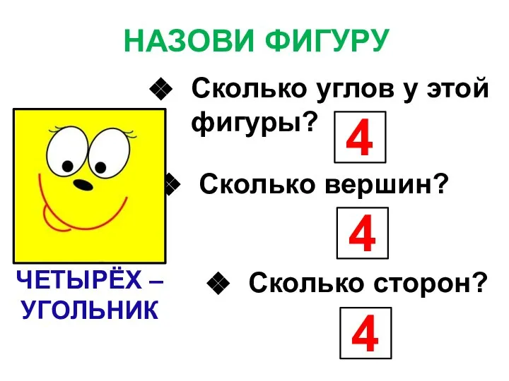 НАЗОВИ ФИГУРУ ЧЕТЫРЁХ – УГОЛЬНИК Сколько углов у этой фигуры? 4