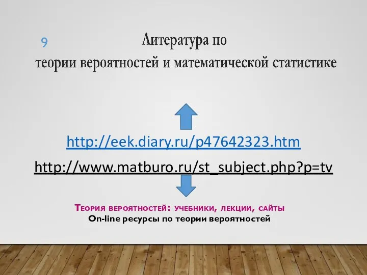 http://eek.diary.ru/p47642323.htm http://www.matburo.ru/st_subject.php?p=tv Теория вероятностей: учебники, лекции, сайты On-line ресурсы по теории вероятностей