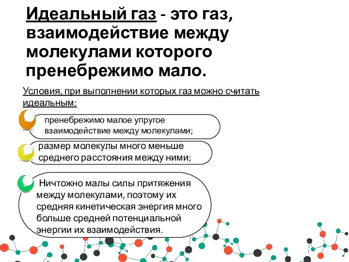 Идеальный газ - это газ, взаимодействие между молекулами которого пренебрежимо мало.