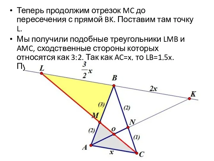 Теперь продолжим отрезок MC до пересечения с прямой BK. Поставим там