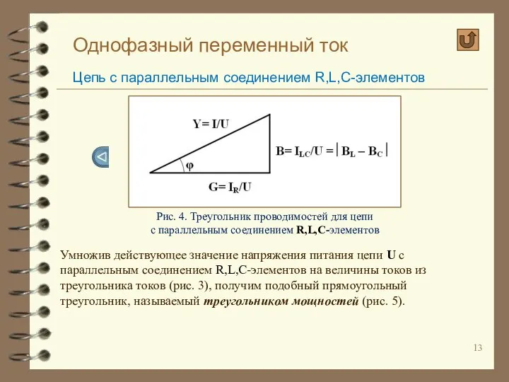 Однофазный переменный ток Цепь с параллельным соединением R,L,C-элементов Рис. 4. Треугольник