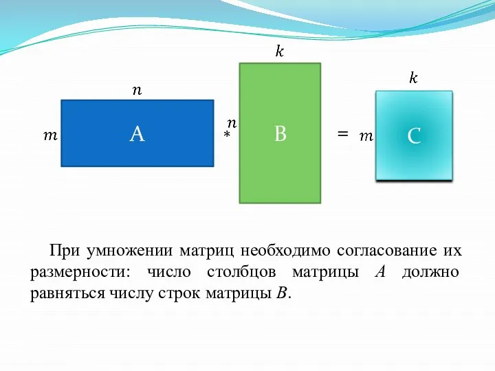 При умножении матриц необходимо согласование их размерности: число столбцов матрицы A