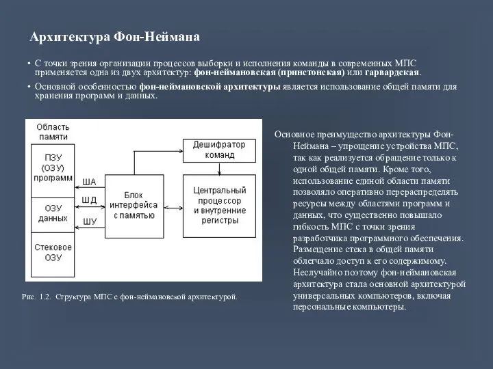 Архитектура Фон-Неймана С точки зрения организации процессов выборки и исполнения команды