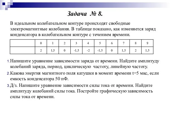 Задача № 8. В идеальном колебательном контуре происходят свободные электромагнитные колебания.