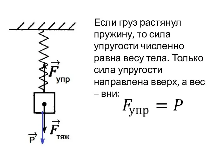 Если груз растянул пружину, то сила упругости численно равна весу тела.