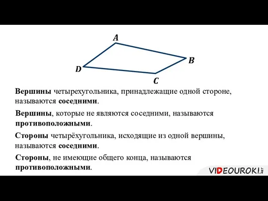 Вершины четырехугольника, принадлежащие одной стороне, называются соседними. Вершины, которые не являются