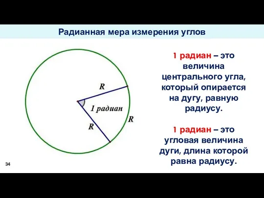 Радианная мера измерения углов 1 радиан – это величина центрального угла,