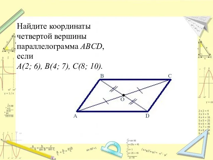 Найдите координаты четвертой вершины параллелограмма ABCD, если А(2; 6), В(4; 7),