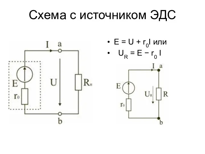 Схема с источником ЭДС E = U + r0I или UR = E − r0 I