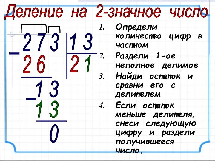 Определи количество цифр в частном Раздели 1-ое неполное делимое Найди остаток