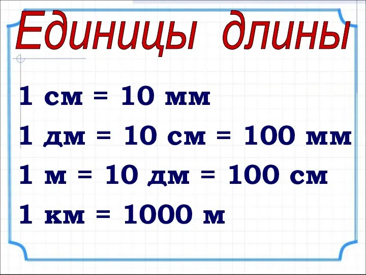 1 см = 10 мм 1 дм = 10 см =