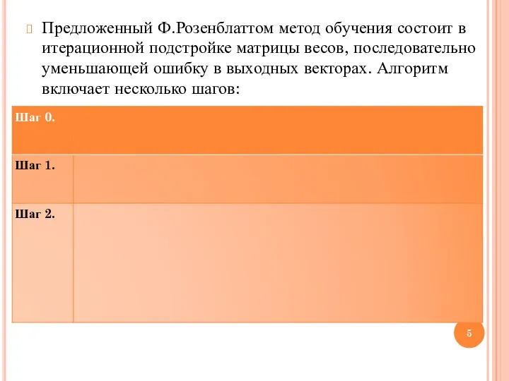 Предложенный Ф.Розенблаттом метод обучения состоит в итерационной подстройке матрицы весов, последовательно