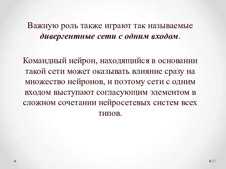 Важную роль также играют так называемые дивергентные сети с одним входом.