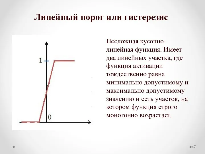 Линейный порог или гистерезис Несложная кусочно-линейная функция. Имеет два линейных участка,