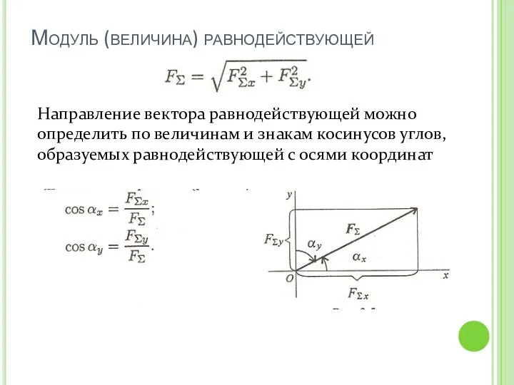 Модуль (величина) равнодействующей Направление вектора равнодействующей можно определить по величинам и