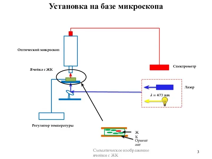 Установка на базе микроскопа Регулятор температуры Спектрометр Оптический микроскоп Ячейка с ЖК Лазер