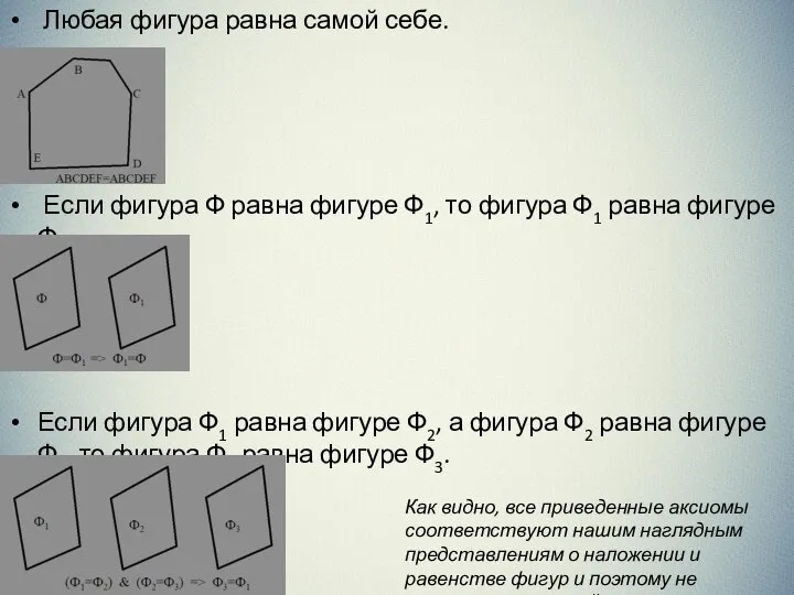 Любая фигура равна самой себе. Если фигура Ф равна фигуре Ф1,