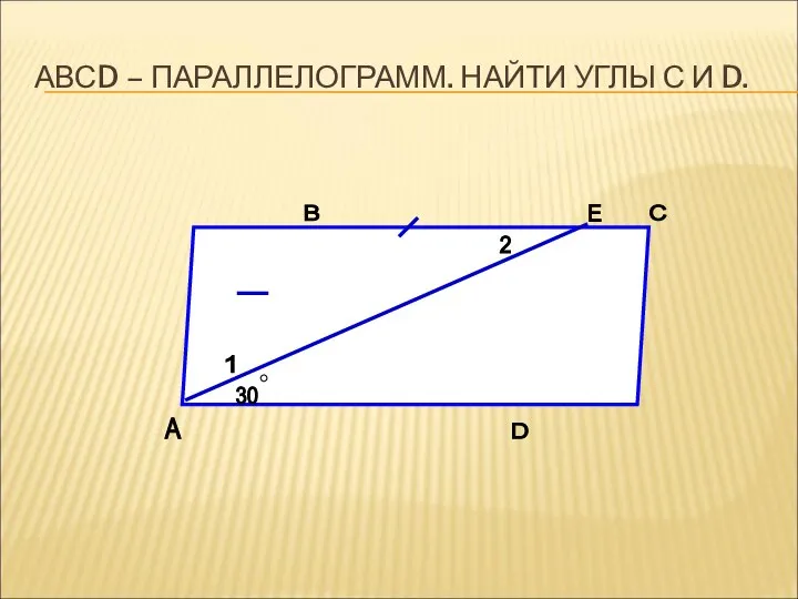 АВСD – ПАРАЛЛЕЛОГРАММ. НАЙТИ УГЛЫ С И D. 30 1 2 Е