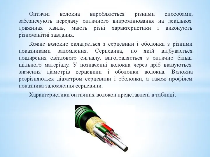 Оптичні волокна виробляються різними способами, забезпечують передачу оптичного випромінювання на декількох