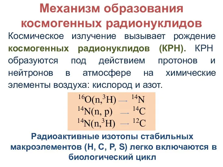 Механизм образования космогенных радионуклидов Космическое излучение вызывает рождение космогенных радионуклидов (КРН).