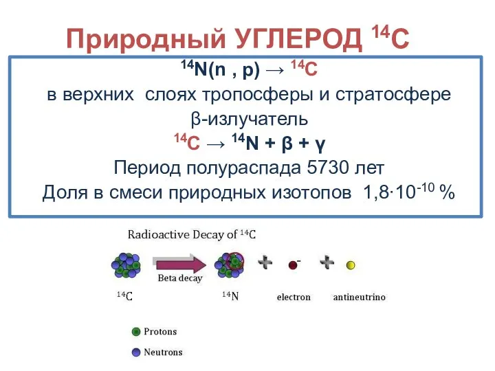 Природный УГЛЕРОД 14C 14N(n , p) → 14C в верхних слоях