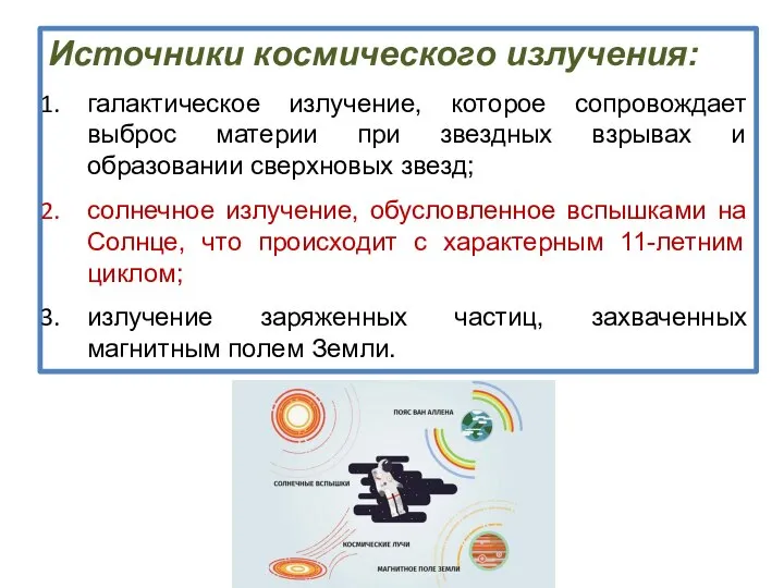 Источники космического излучения: галактическое излучение, которое сопровождает выброс материи при звездных