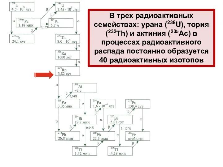 В трех радиоактивных семействах: урана (238U), тория (232Th) и актиния (235Ас)