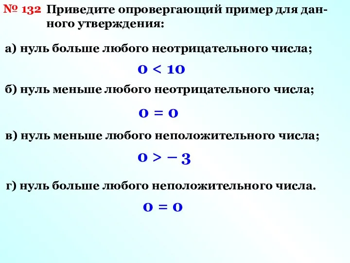 № 132 Приведите опровергающий пример для дан- ного утверждения: а) нуль