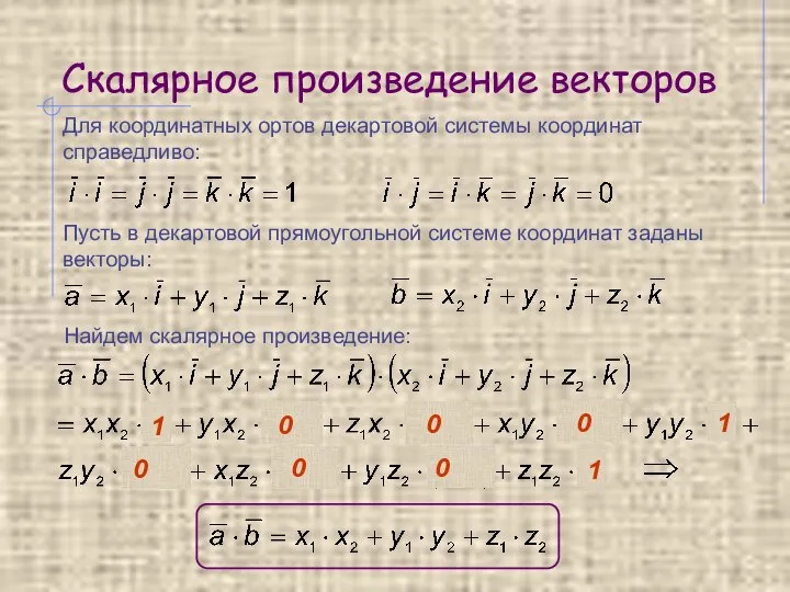 Скалярное произведение векторов Для координатных ортов декартовой системы координат справедливо: Пусть