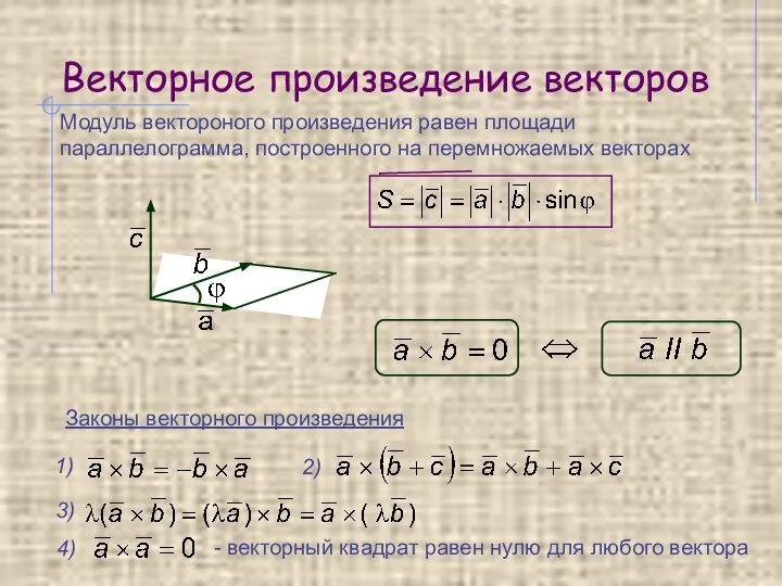 Векторное произведение векторов Модуль вектороного произведения равен площади параллелограмма, построенного на