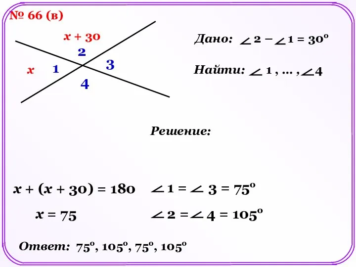 № 66 (в) Дано: 2 – 1 = 30о Решение: x