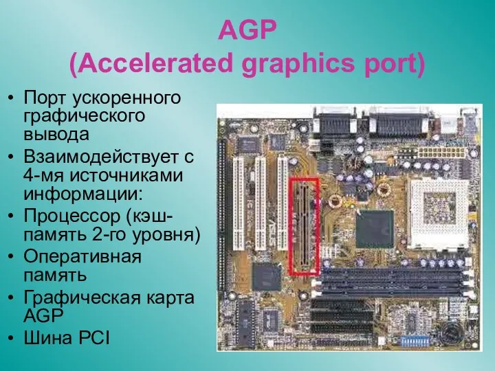 AGP (Accelerated graphics port) Порт ускоренного графического вывода Взаимодействует с 4-мя