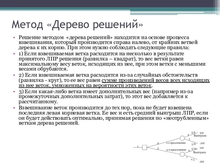 Метод «Дерево решений» Решение методом «дерева решений» находится на основе процесса