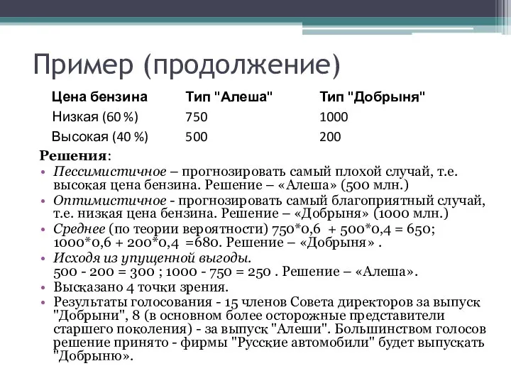 Пример (продолжение) Решения: Пессимистичное – прогнозировать самый плохой случай, т.е. высокая